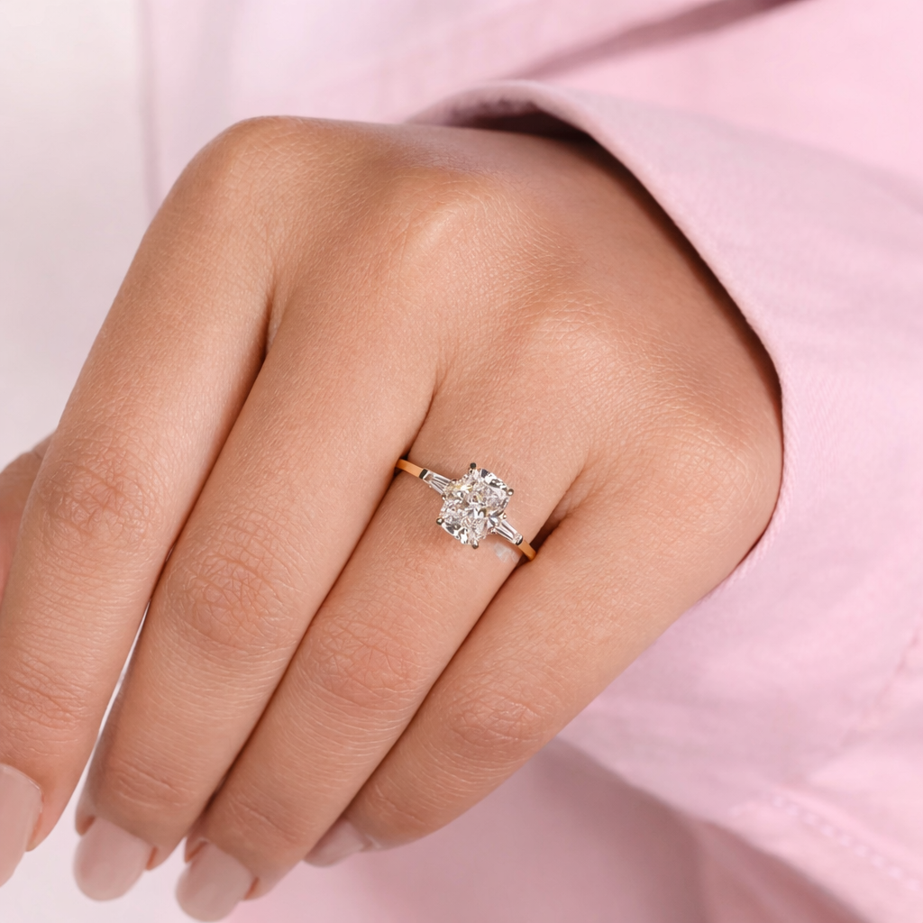 Buy Engagement Ring With Cushion Cut Ring And Tapered Baguette Side Stone