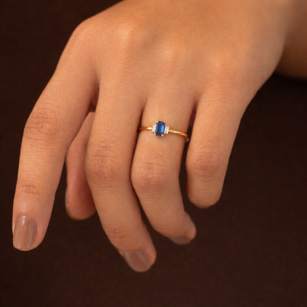 Three Stone Sapphire Diamond Engagement Ring
