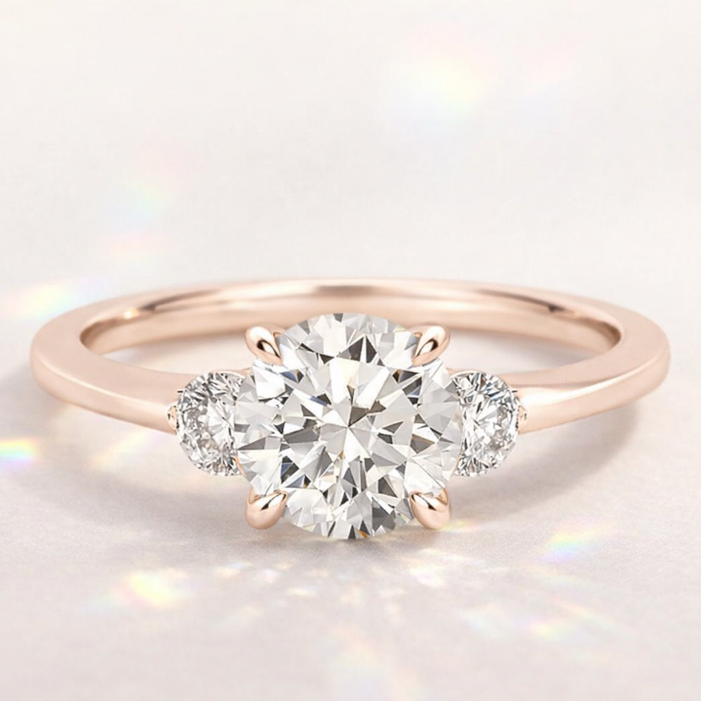 Gold Three Stone Round Diamond Ring With A Polished Metal Band.
