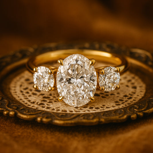 Diiro Three-Stone Oval Diamond Engagement Ring In 18K Gold, Featuring A Brilliant Center Stone With Two Side Diamonds For Classic
