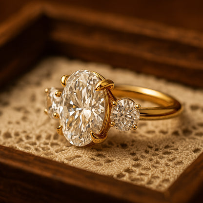 Diiro Oval Diamond Three-Stone Ring In Gold, A Refined Expression Of Luxury And Love With A Brilliant Center Diamond Framed By Two Side Stones