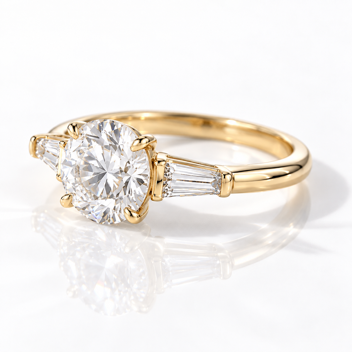 Diiro Luxury Jewelry round brilliant diamond engagement ring with tapered baguette side stones, four-prong setting, yellow gold band, and elegant luxury design