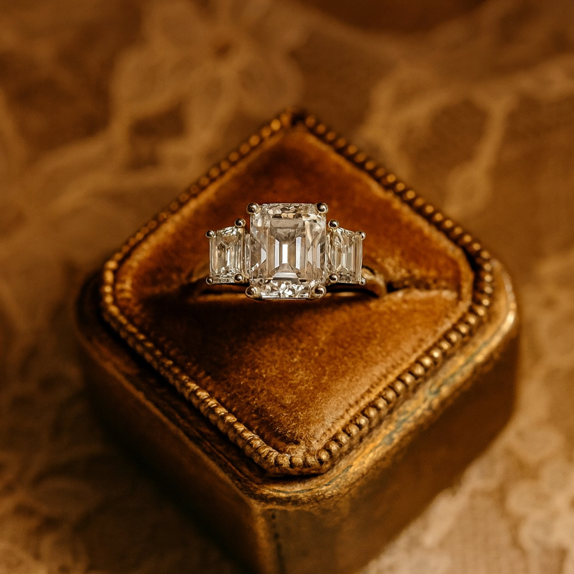 Three Stone Emerald Cut Diamond Ring Platinum Engagement
