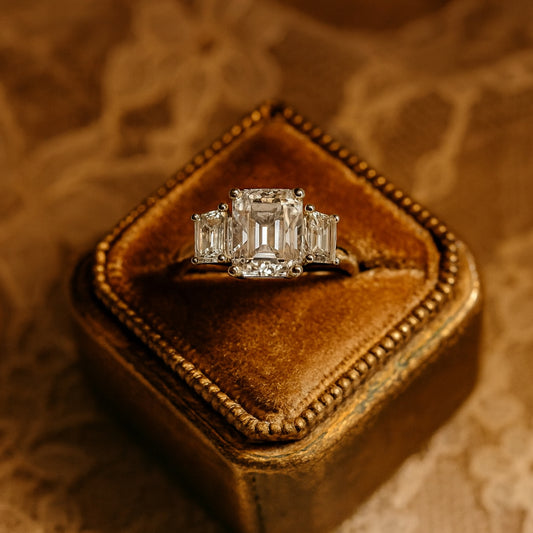 Three Stone Emerald Cut Diamond Ring Platinum Engagement
