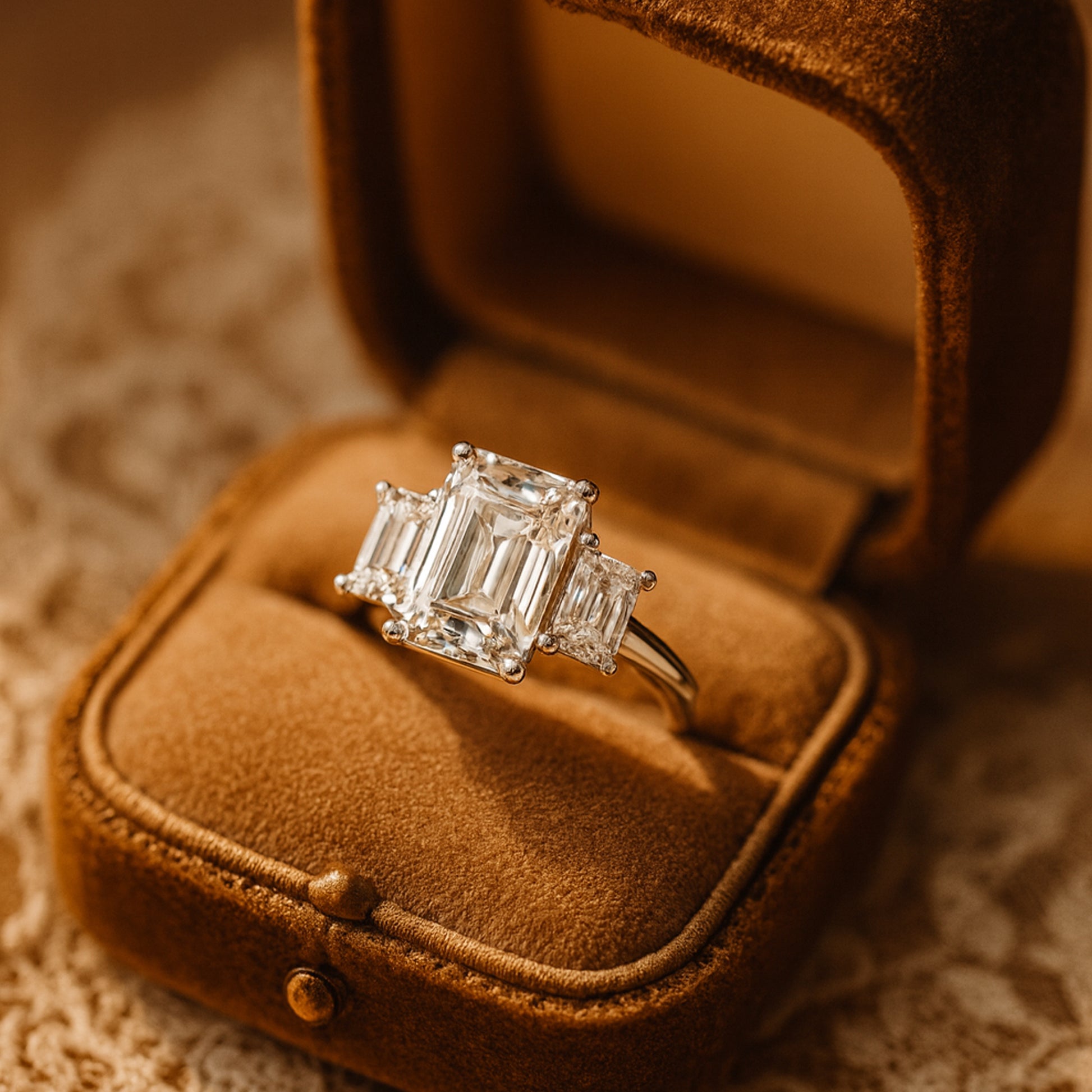 Three Stone Emerald Cut Diamond Ring Platinum Engagement
