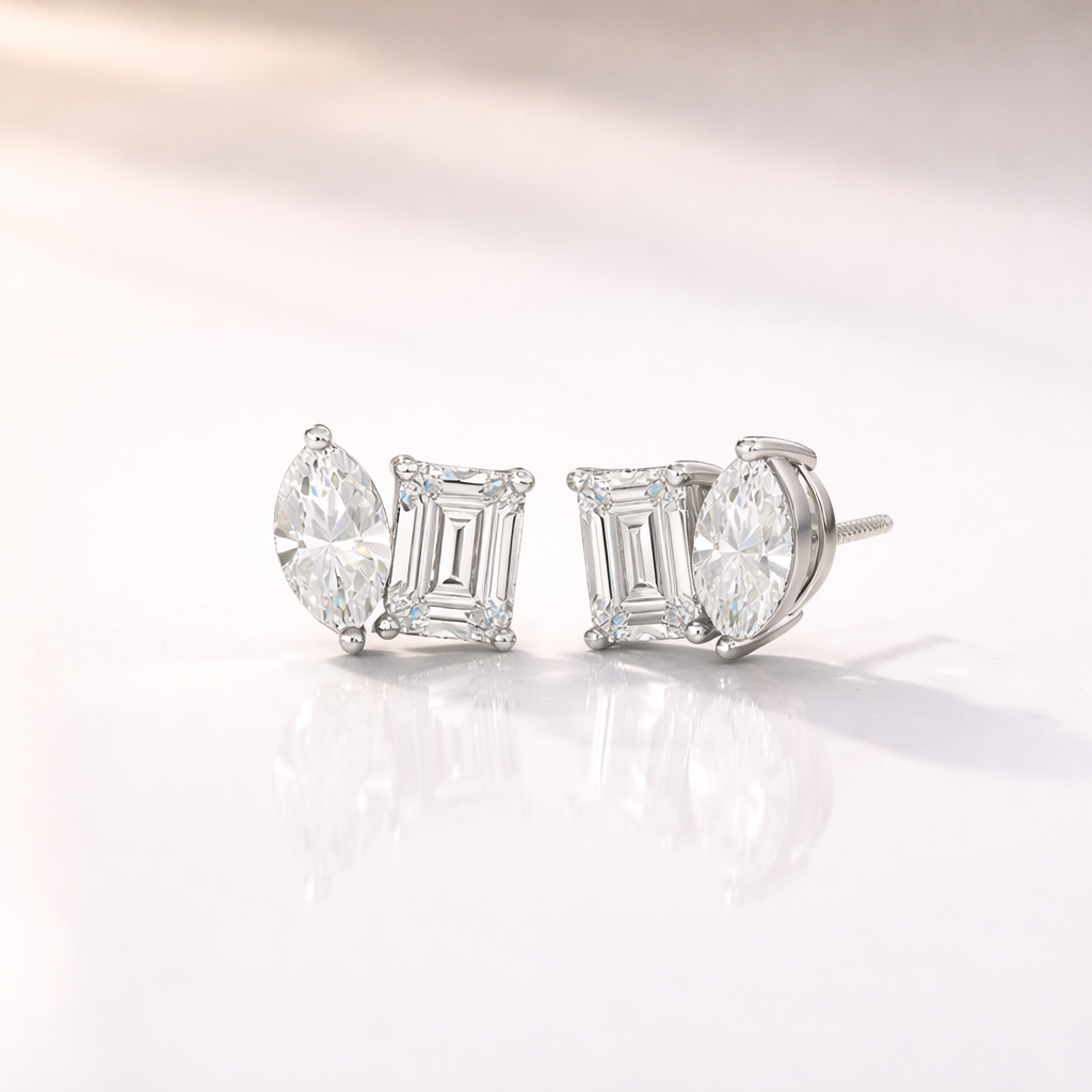 Marquise And Emerald Cut Diamond Earrings In White, Yellow, Or Rose Gold
