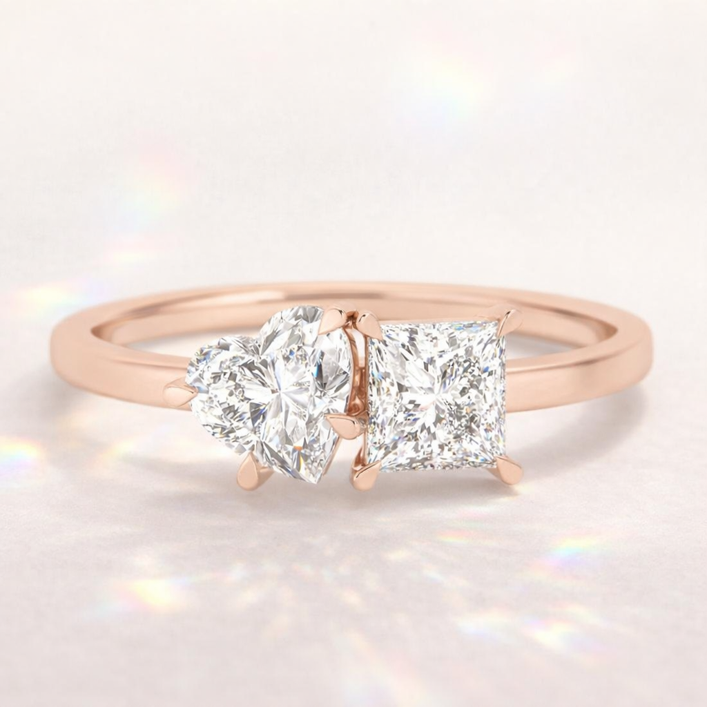 White Gold Toi Et Moi Engagement Ring, Heart And Princess Cut, Claw Prong.
