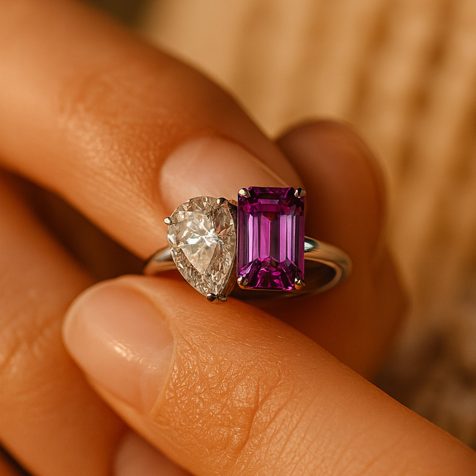 Toi Et Moi Diamond And Purple Sapphire Ring On Hand - Romantic Two Stone Engagement Design