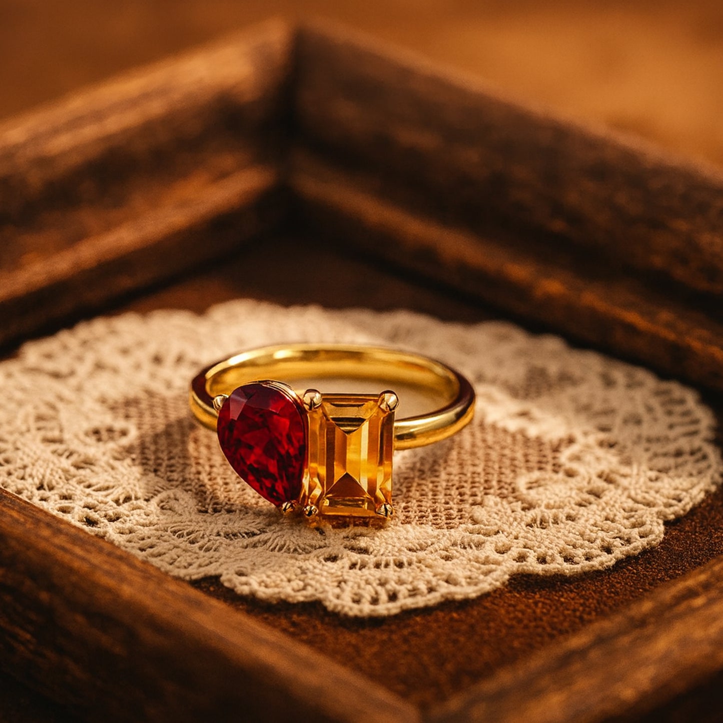 Two Stone Ruby And Yellow Sapphire Engagement Ring In 18K Gold