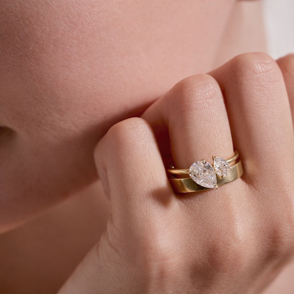 Toi Et Moi Ring Two Stone Pear Cut Diamond Yellow Gold Setting.
