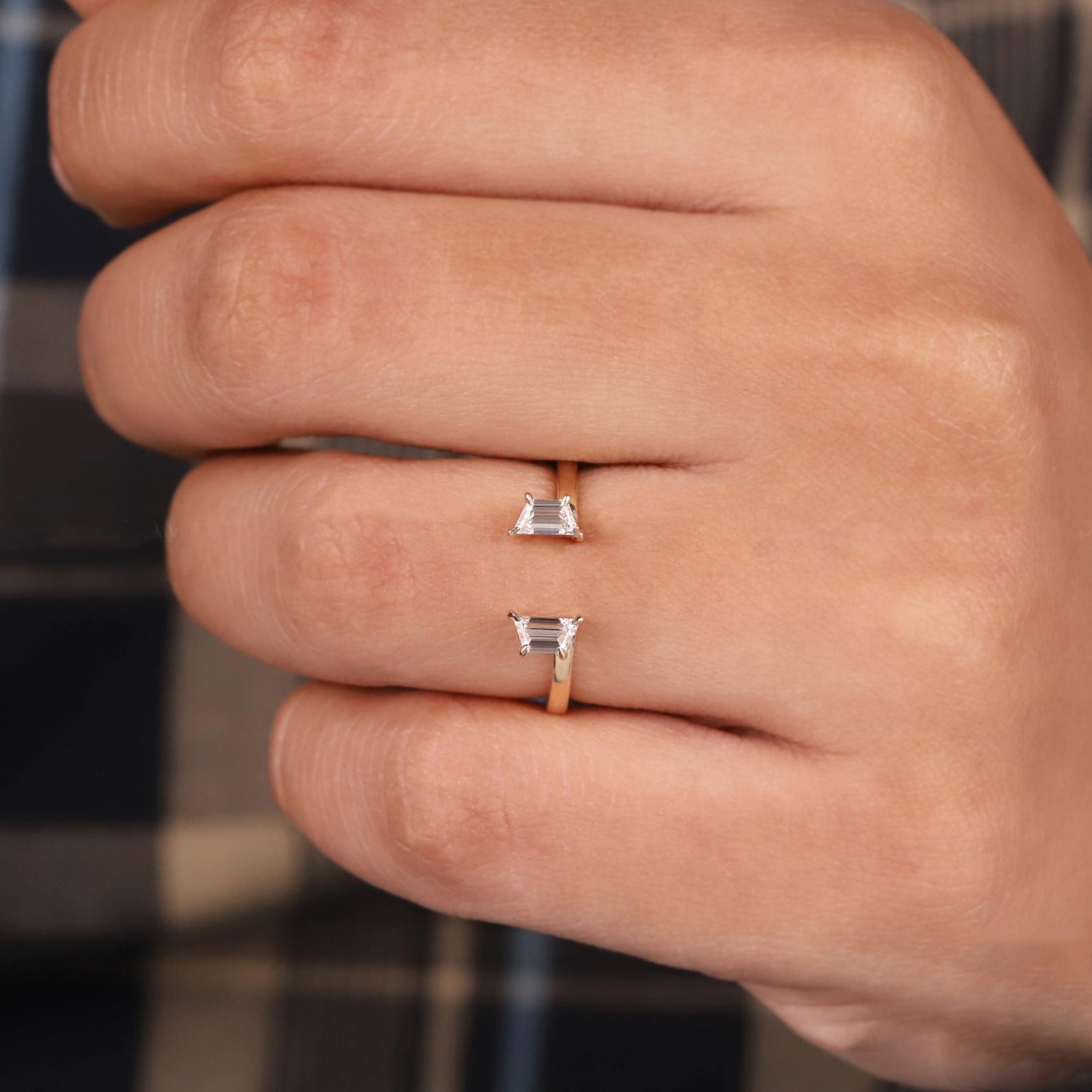 Trapezoid Cut Two Side Each Other Open Gap Wedding Band Twin Stone Ring.
