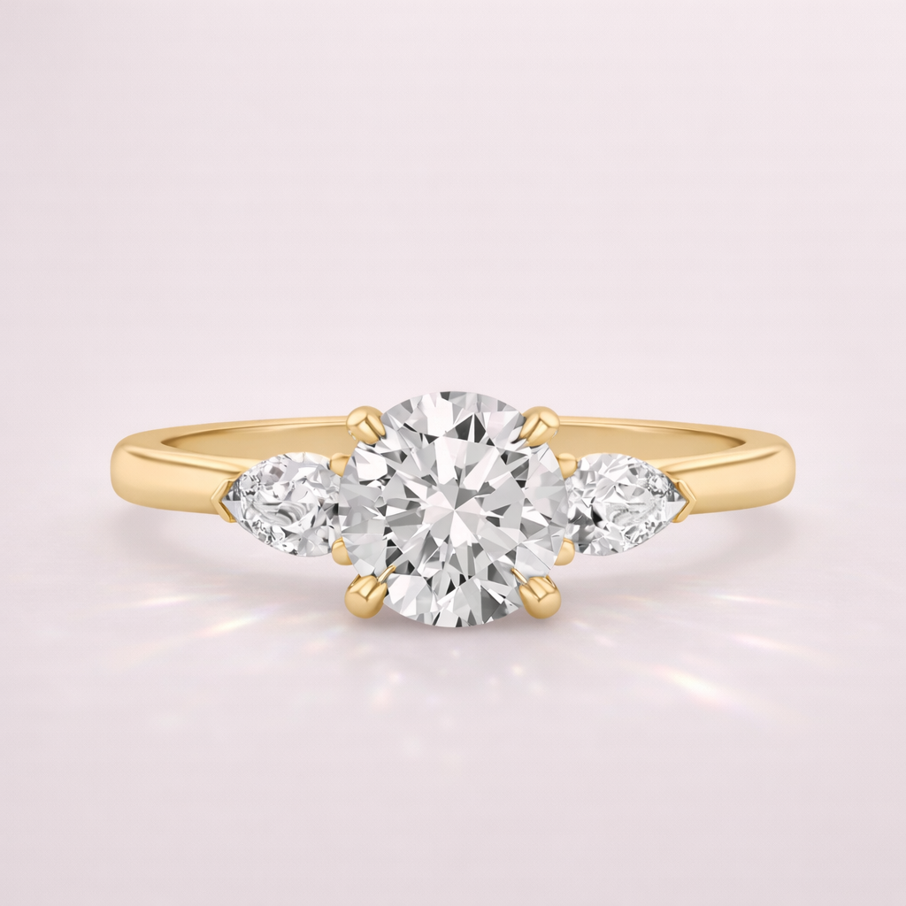 Gold Trellis Ring With Interwoven Prongs And A Polished Metal Band.
