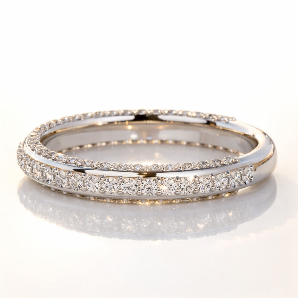 Round Cut Triple Row Diamond Wedding Band In Yellow Gold Prong Setting

