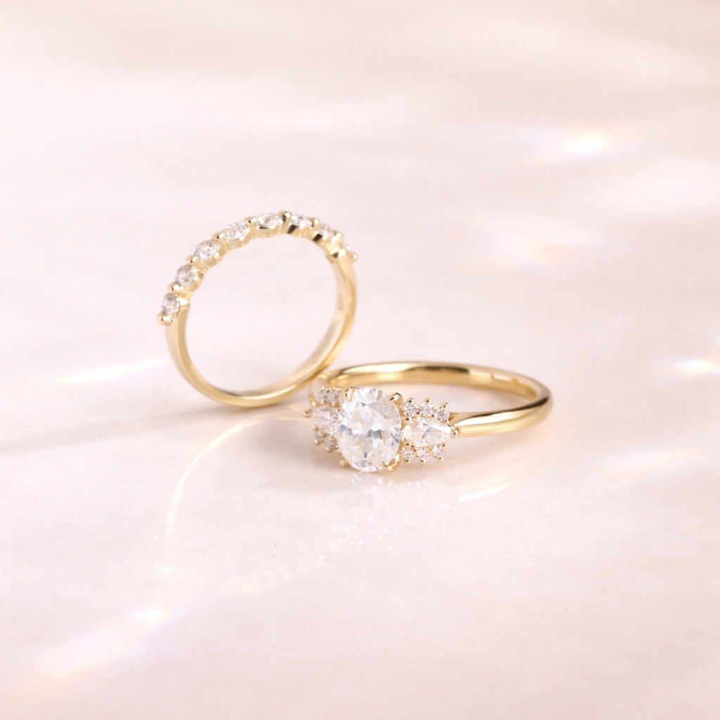 Oval Moissanite Bridal Ring Set With Wedding Band

