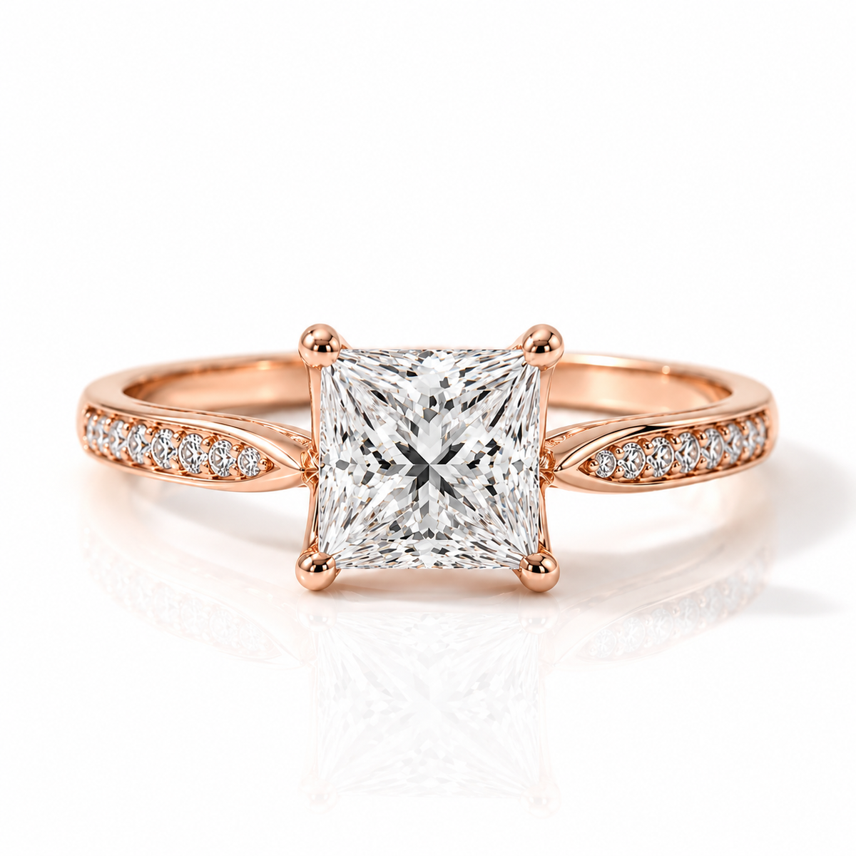 18K rose gold vermeil princess-cut engagement ring with pavé diamond band on a white background.
