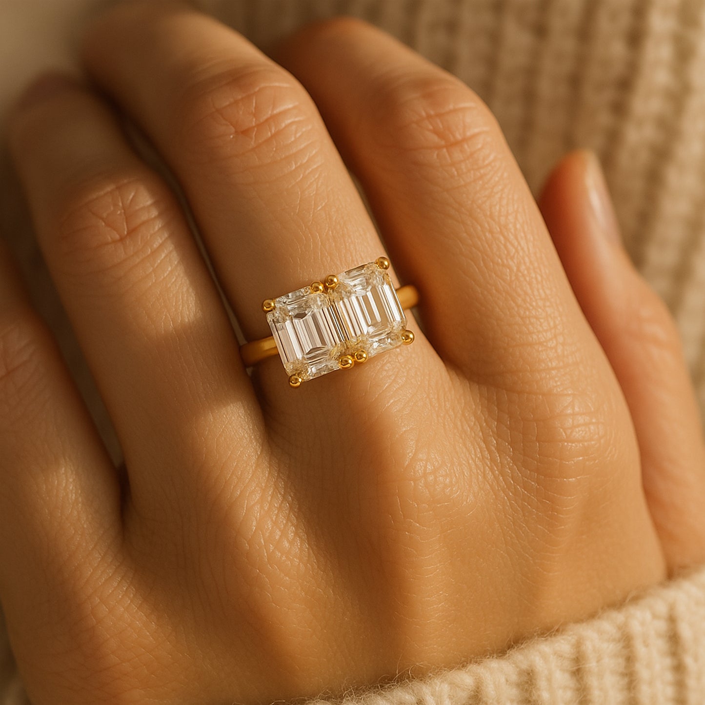 Toi et Moi Twin Emerald Cut Diamond Ring on Hand – Romantic Two Stone Engagement Design
