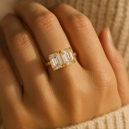 Toi et Moi Twin Emerald Cut Diamond Ring on Hand – Romantic Two Stone Engagement Design
