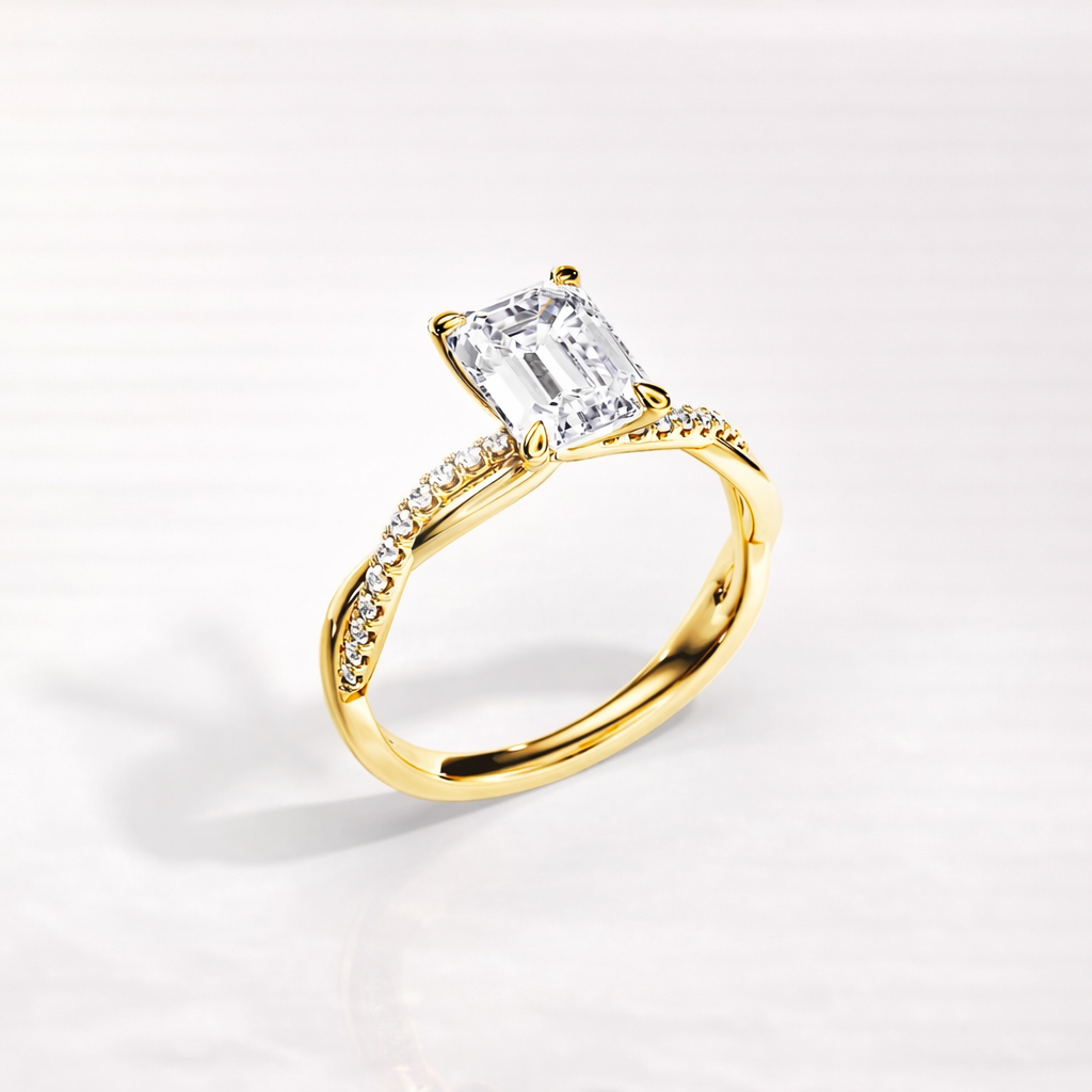 Custom Engagement Ring With Emerald Cut And Pave Band Design
