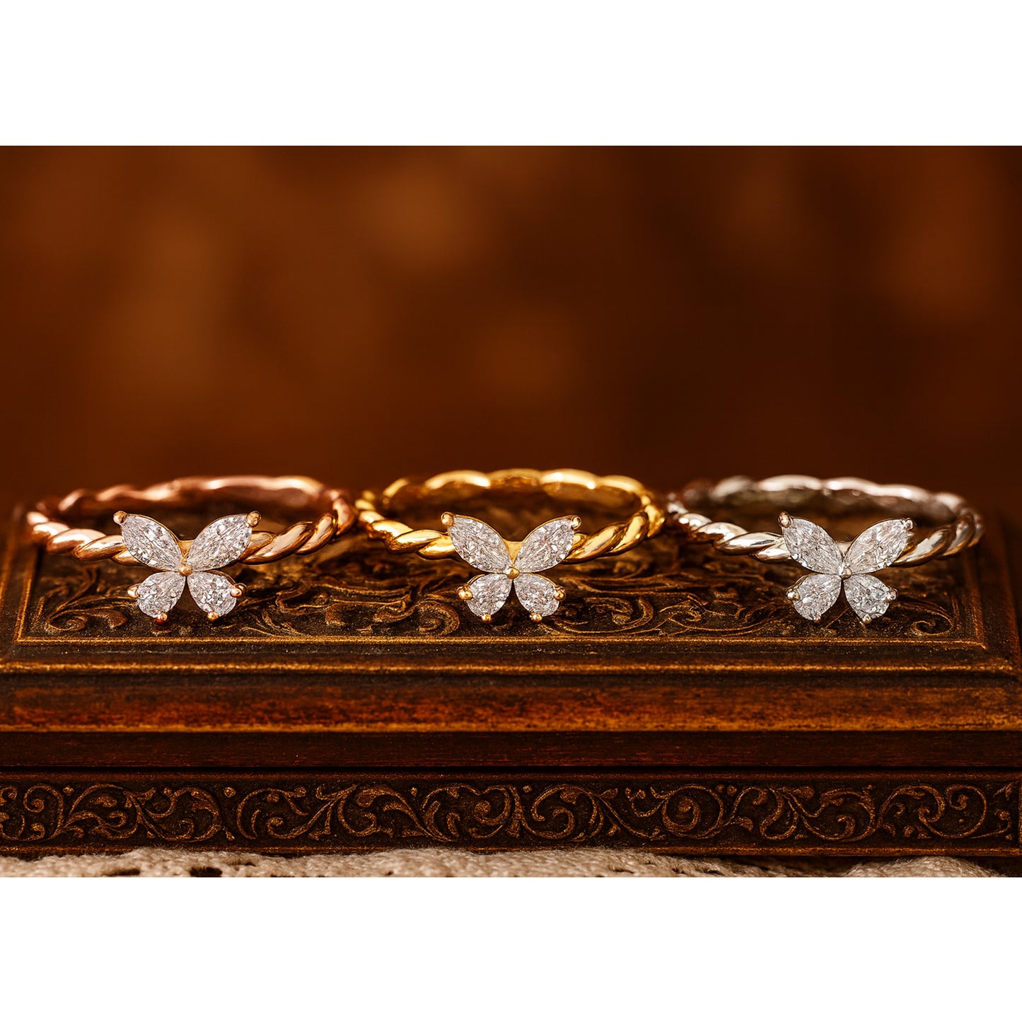 Elegant Twisted Band Butterfly Moissanite Ring For Women, Set In 14K Gold With Fire And Sparkle That Rivals Diamonds.
