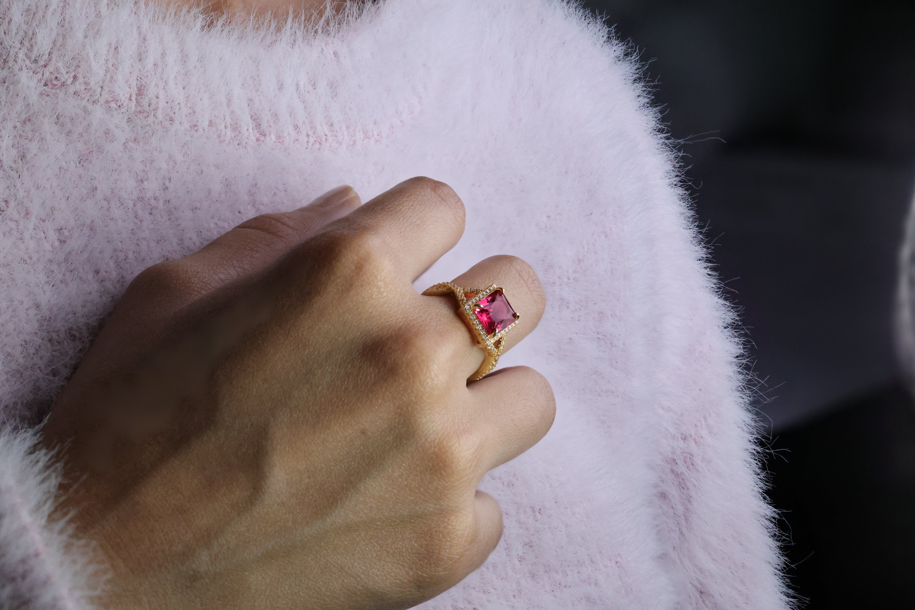 Radiant Cut Ruby Engagement Ring Lab Grown Diamond Twisted Pave Band.