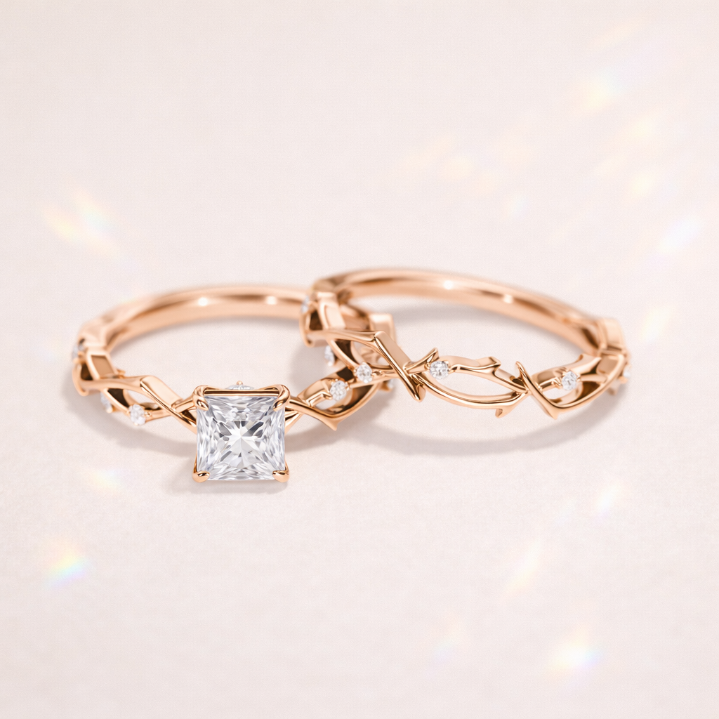 Princess Cut Moissanite Nature Ring Set Round Cut Side Stone White Gold.
