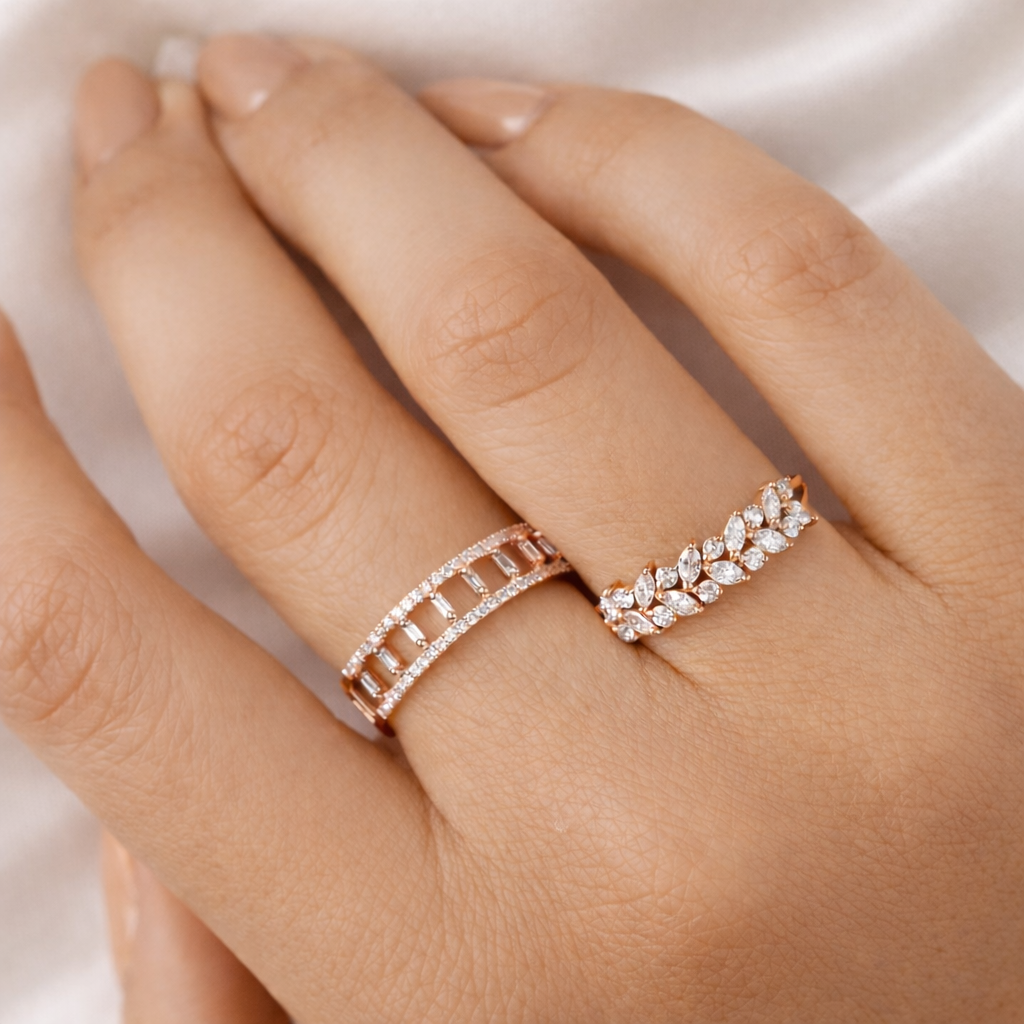 Rose Gold Wedding Band With Marquise And Round Cut Design

