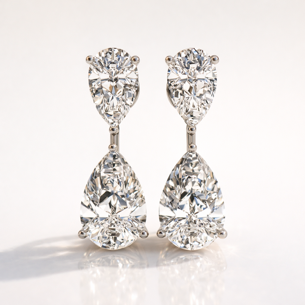 Two Stone Pear Cut Diamond Long Stud Earrings In White Gold
