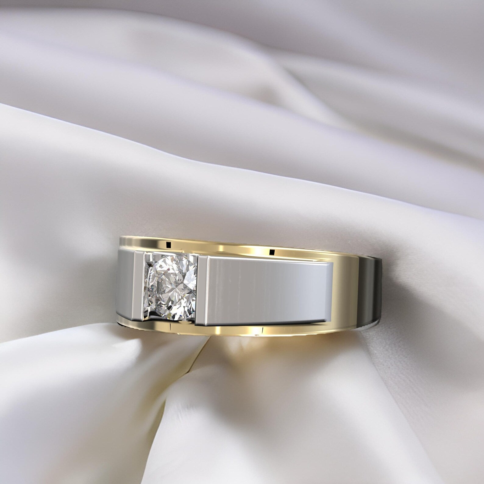 Modern Men’s Wedding Band Flush Set Diamond Wide Band Style