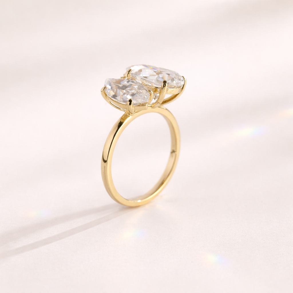 Two Stone Engagement Ring Marquise And Pear Cut Diamond Yellow Gold Setting.
