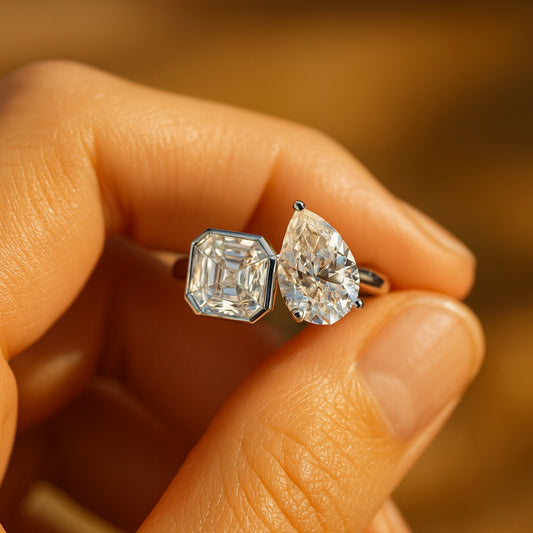 Celestial Duo Open Ring - Emerald Cut & Pear Diamond Two Stone Toi et Moi Diamond Ring
