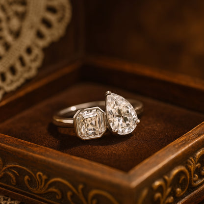Celestial Duo Open Ring - Emerald Cut & Pear Diamon Two Stone Toi et Moi Diamond Ring