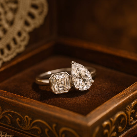 Celestial Duo Open Ring - Emerald Cut & Pear Diamon Two Stone Toi et Moi Diamond Ring