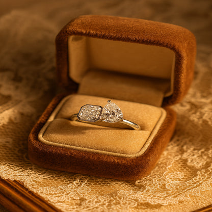 Celestial Duo Open Ring - Emerald Cut & Pear Diamond Two Stone Toi et Moi Diamond Ring