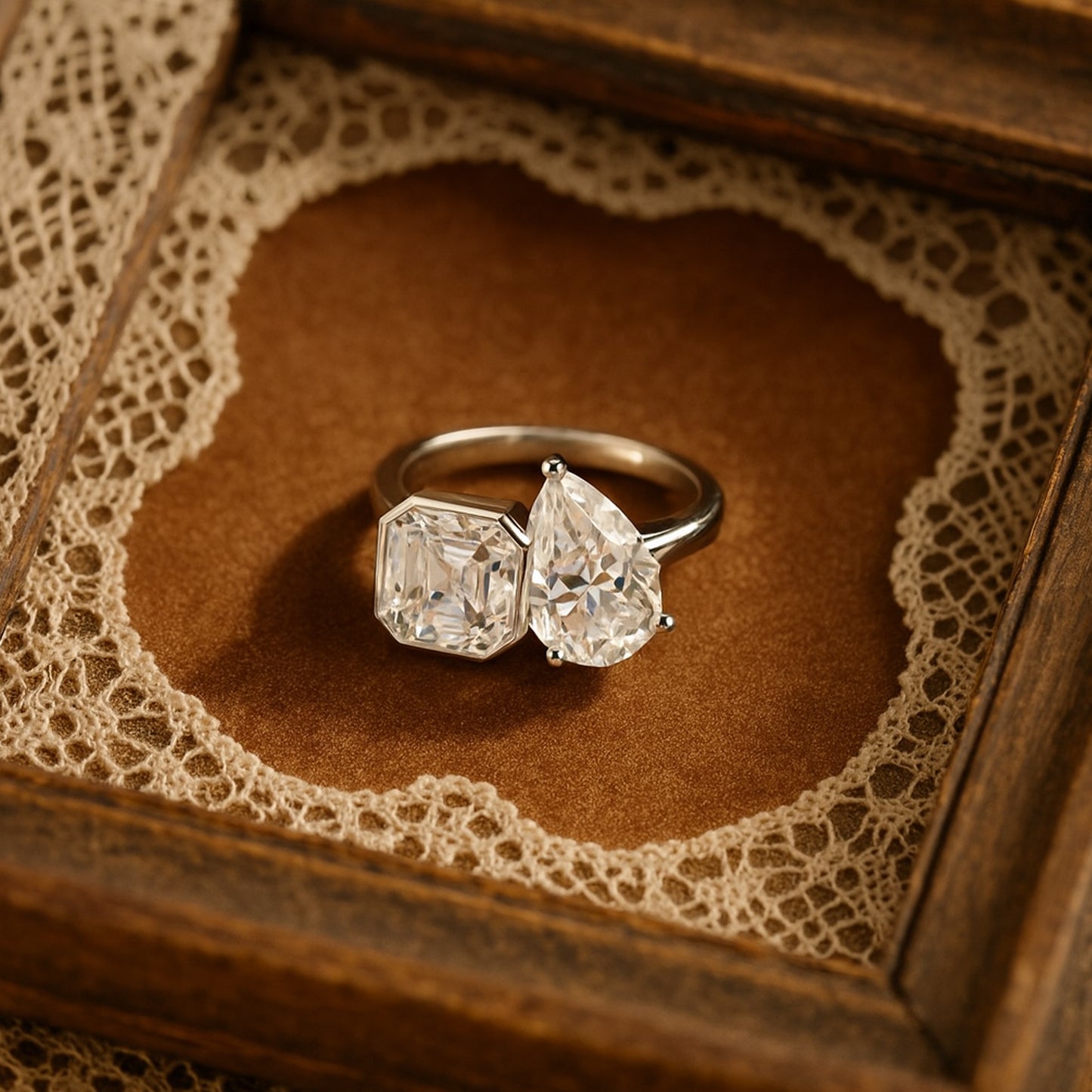 Celestial Duo Open Ring - Emerald Cut & Pear Diamond Two Stone Toi et Moi Diamond Ring