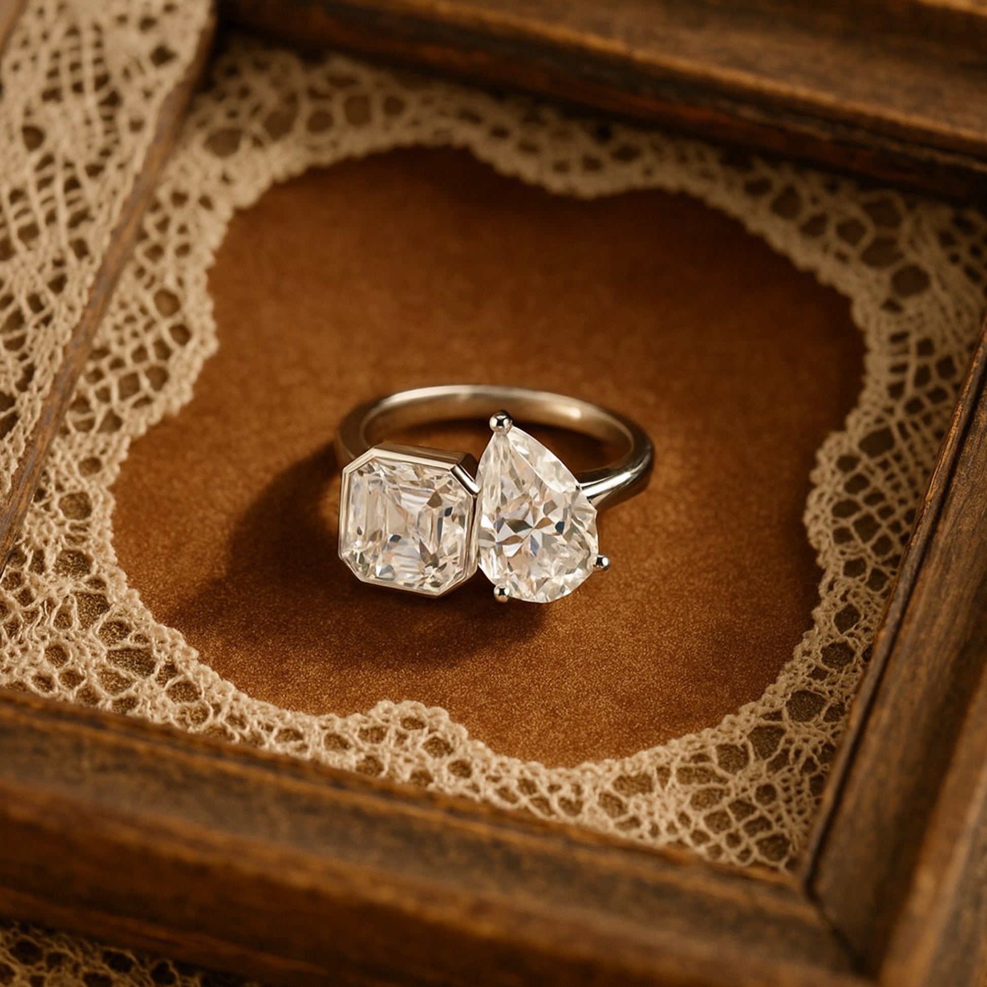 Celestial Duo Open Ring - Emerald Cut & Pear Diamond Two Stone Toi et Moi Diamond Ring