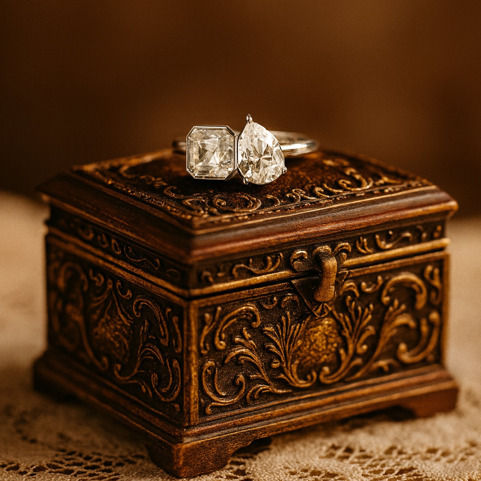 Celestial Duo Open Ring - Emerald Cut & Pear Diamond Two Stone Toi et Moi Diamond Ring