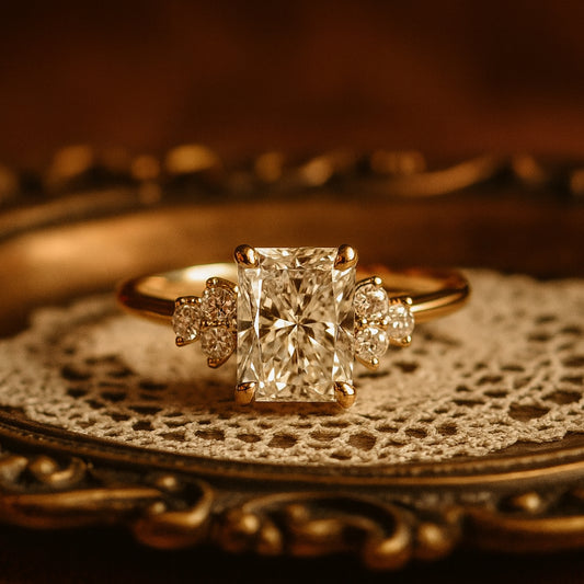 Radiant Cut Moissanite Engagement Ring With Side Stones And Classic Gold Band Featuring Diamond-Like Brilliance