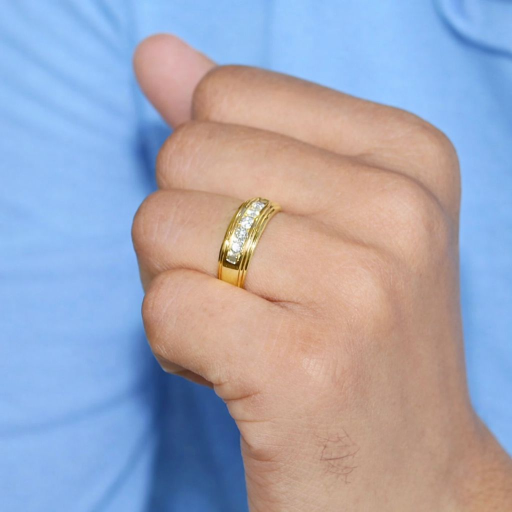 Unisex Diamond Ring In Two Tone Gold Channel Setting
