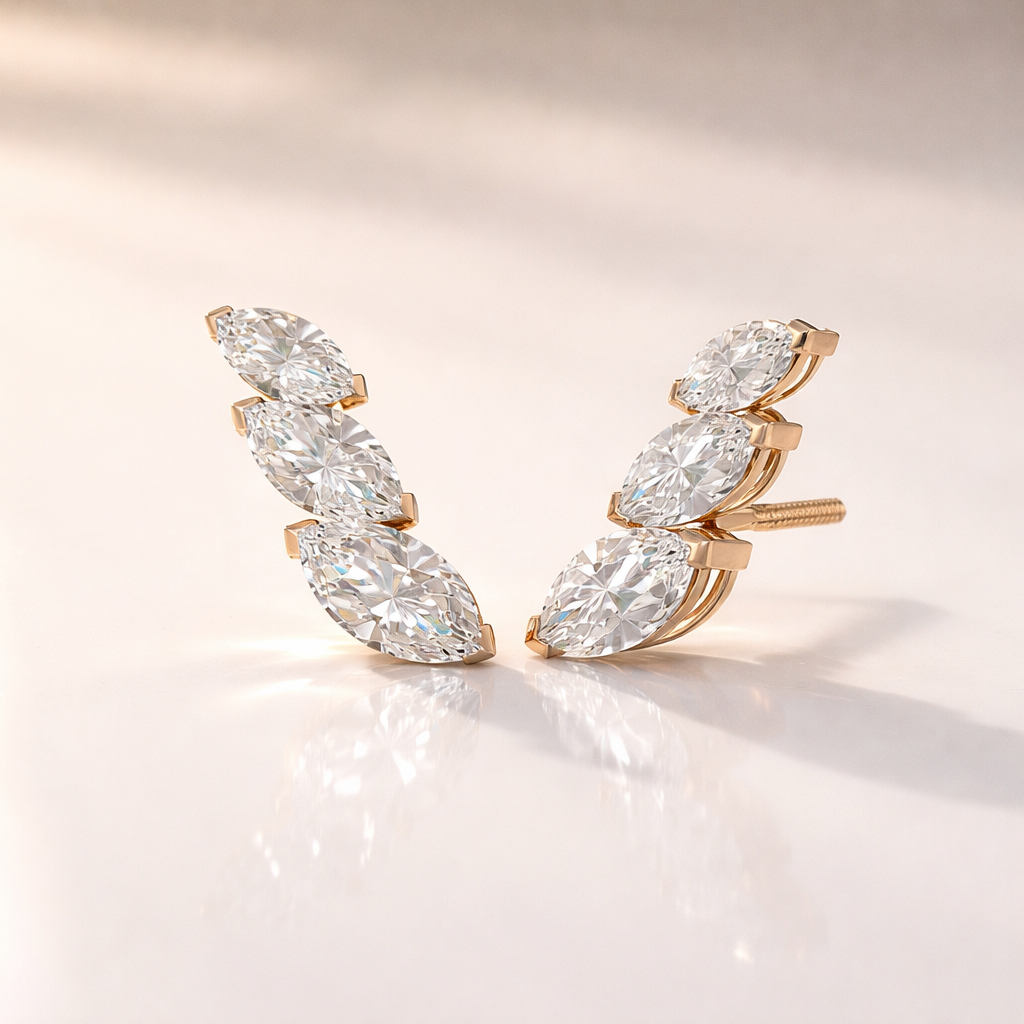Marquise Cut Diamond Stud Earrings In Yellow, White, Or Rose Gold Setting.
