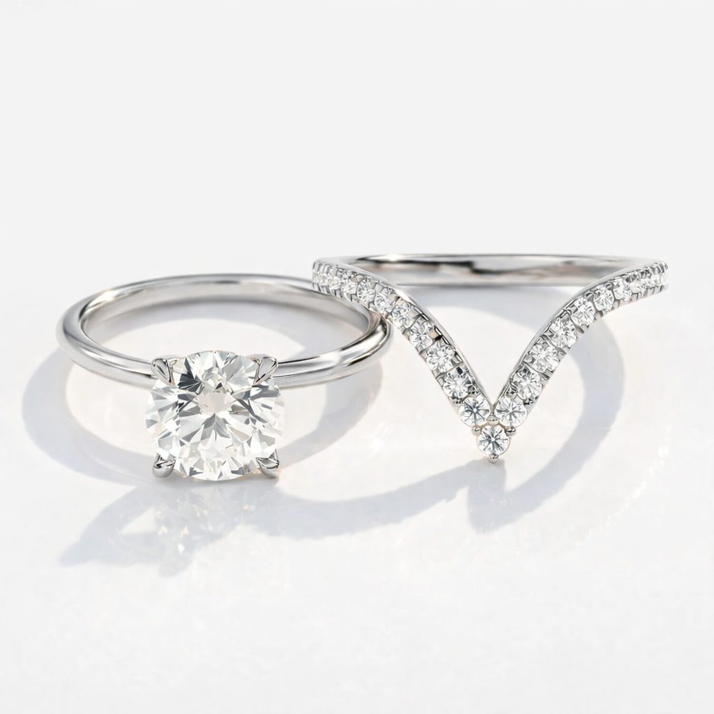 Classic round solitaire ring with curved wedding band
