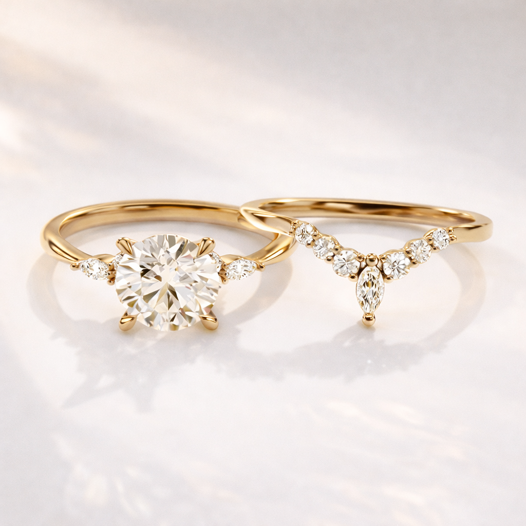Cluster engagement ring with curved wedding band set

