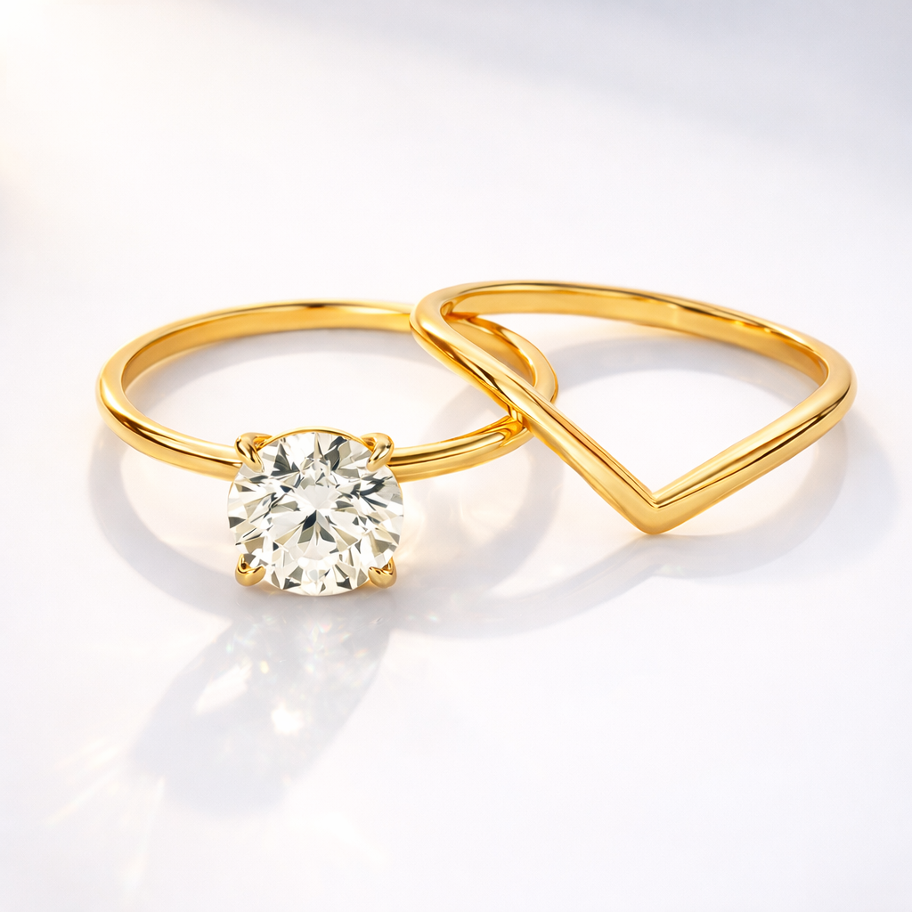 Solitaire diamond bridal set with V shaped wedding band
