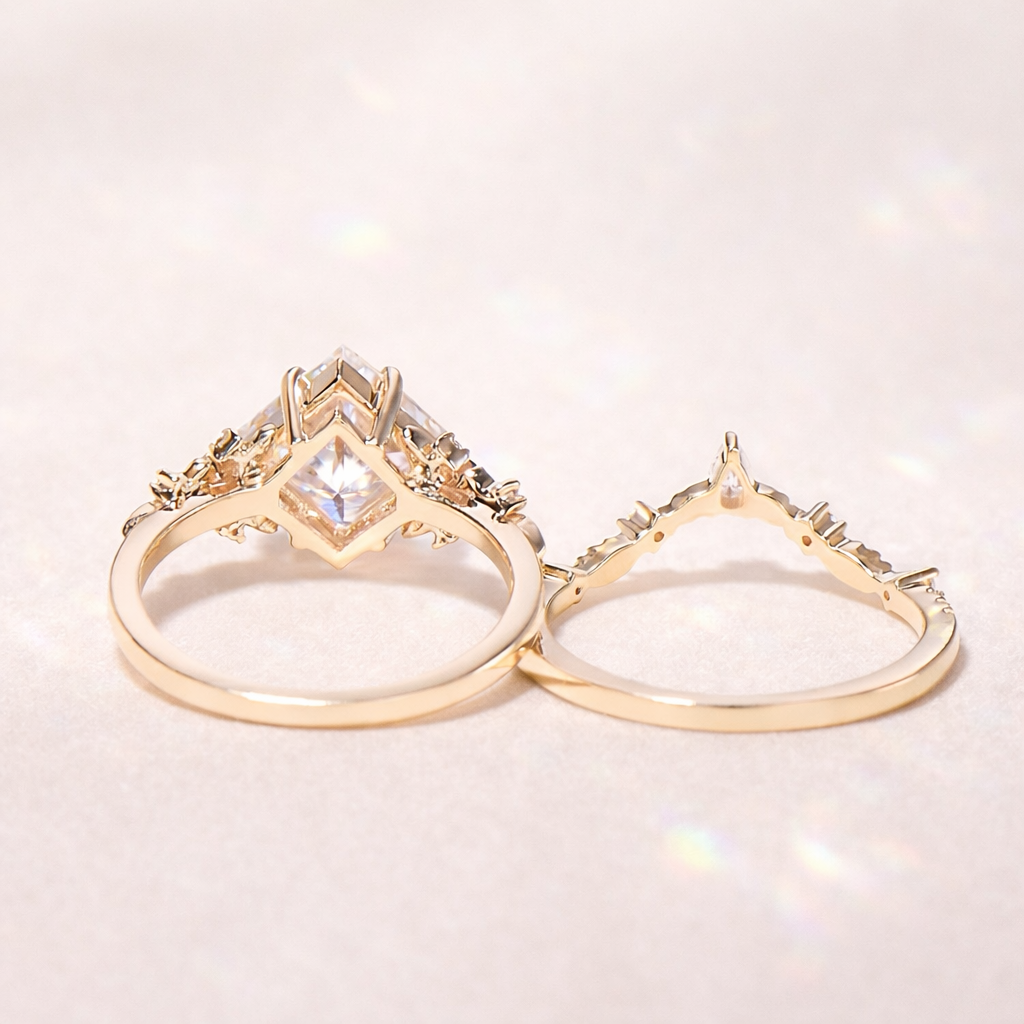 Nature Inspired Engagement Ring Round Cut Side Stone Pear Cut Diamond Band.
