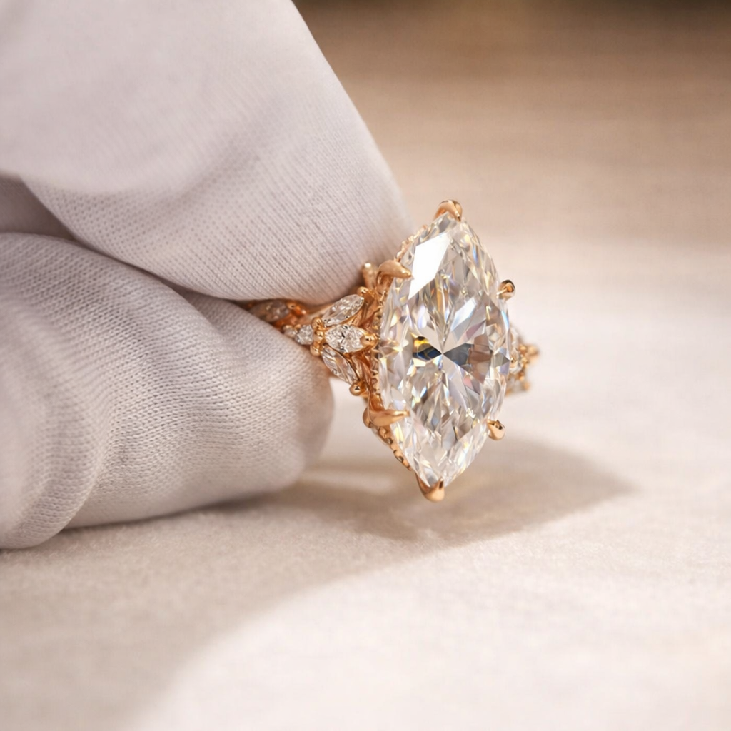 6 Claw Prong Setting Marquise And Round Cut Side Stone Ring.
