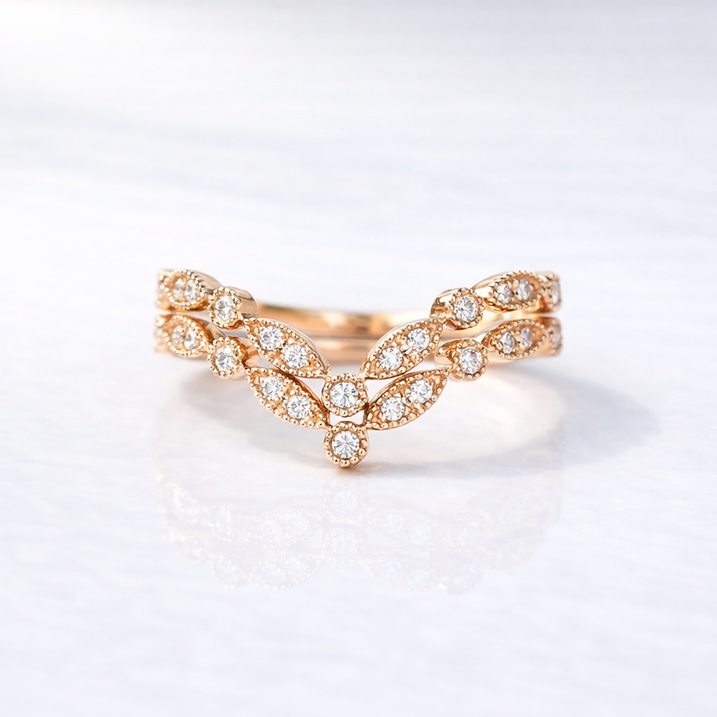Double Curved Wedding Band With Round Cut Diamond Or Moissanite
