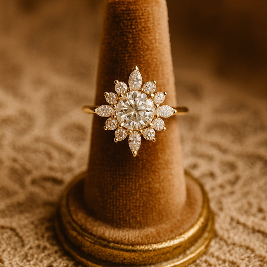 Elegant Moissanite Wedding Ring With Round And Marquise Diamond-Like Stones In A Floral Design, Set In Yellow Gold.