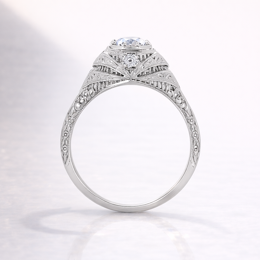 Custom Vintage Engagement Ring With Filigree Detailing And Diamond Or Moissanite
