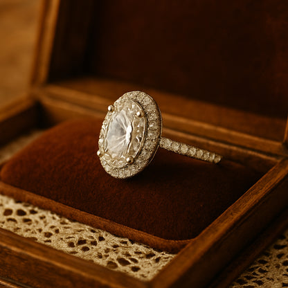 Oval Halo Vintage Moissanite Engagement Ring With Pave Eternity Band And Diamond Inspired Setting