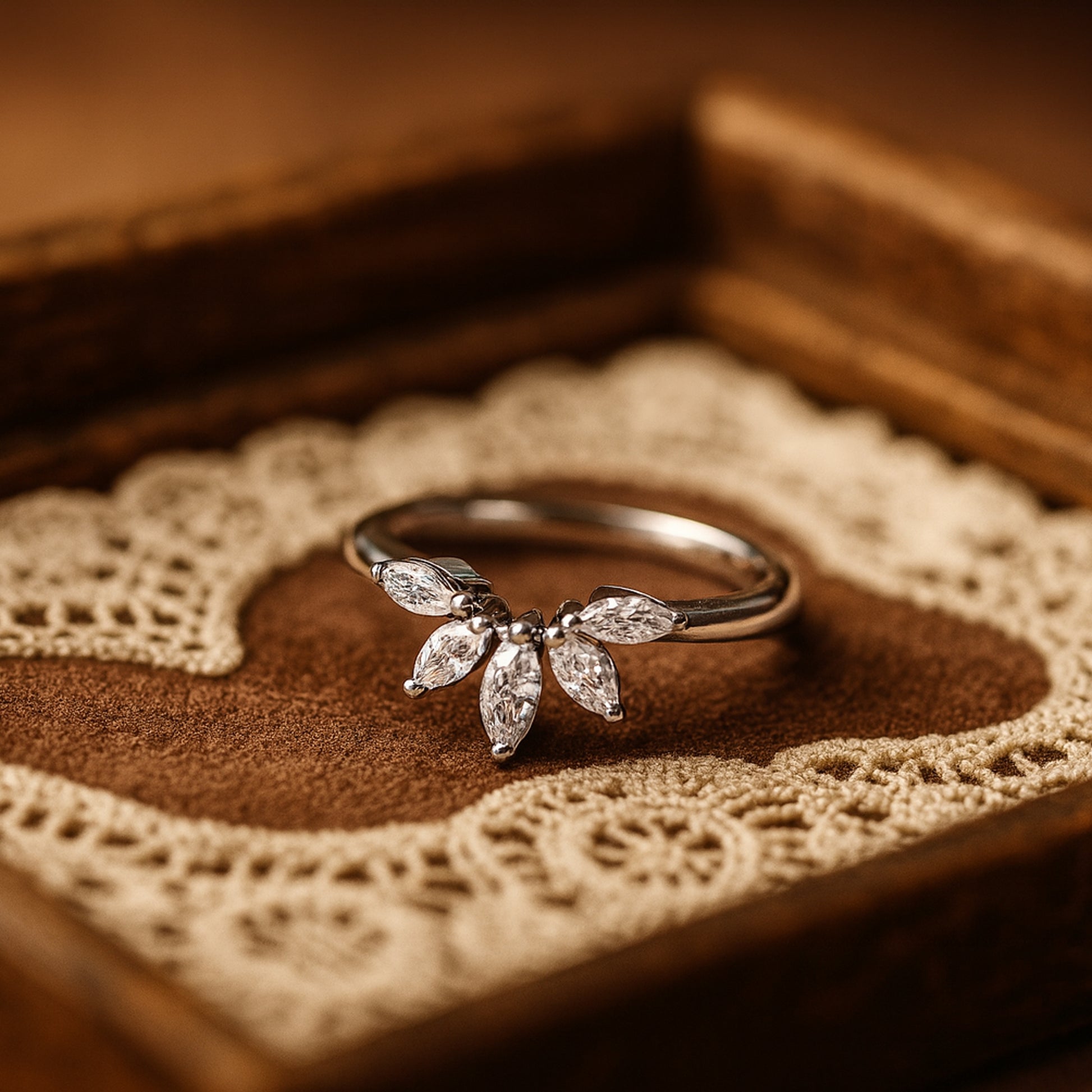Marquise Cut Diamond Leaf Ring In White Gold With Elegant Floral Design For Women