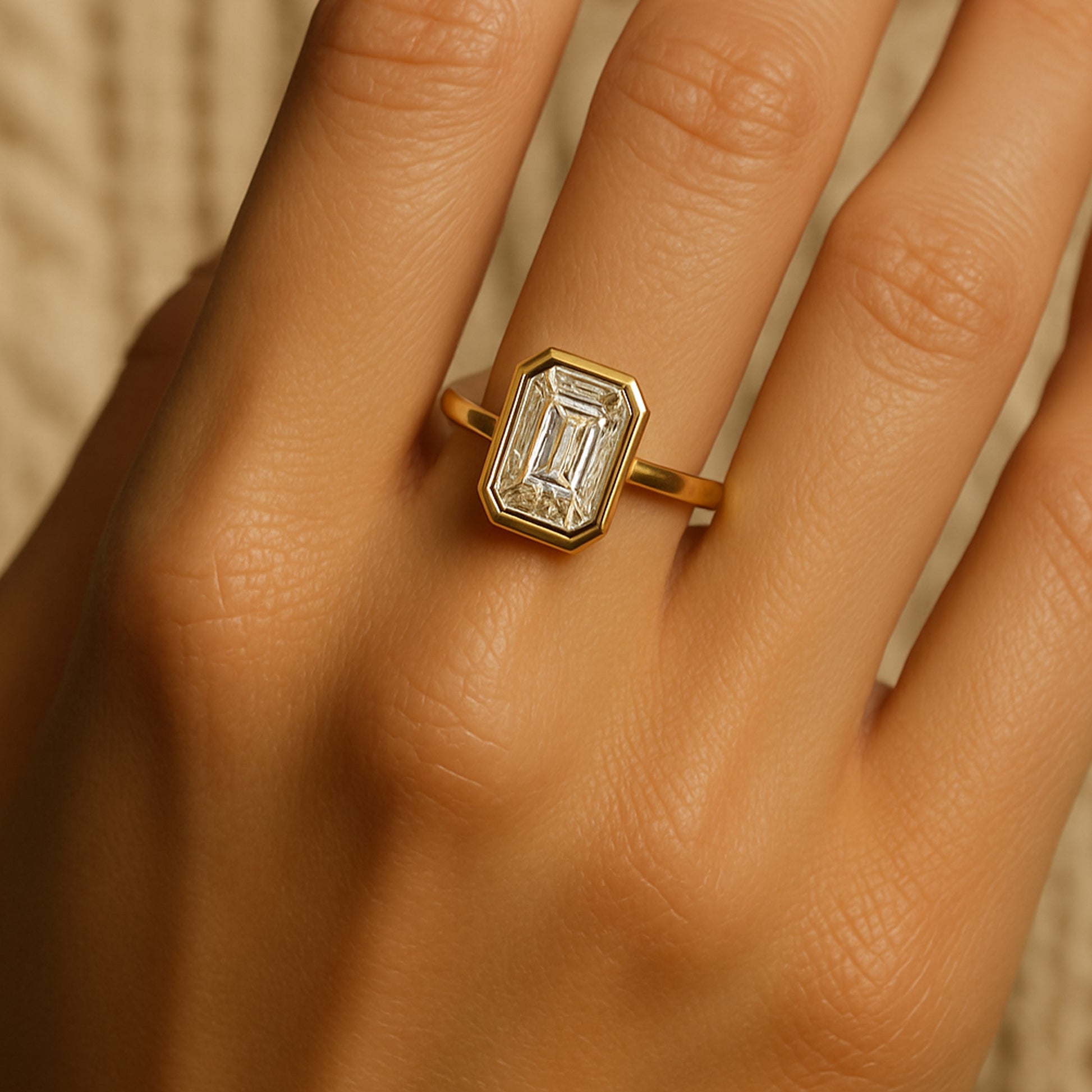 Luxurious Women's Emerald Cut Moissanite Engagement Ring, Bezel Set For Sleek And Secure Elegance
